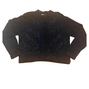 Vintage Cardigan Sweater Size Large Black Beaded Embellished Cotton Ramie EUC